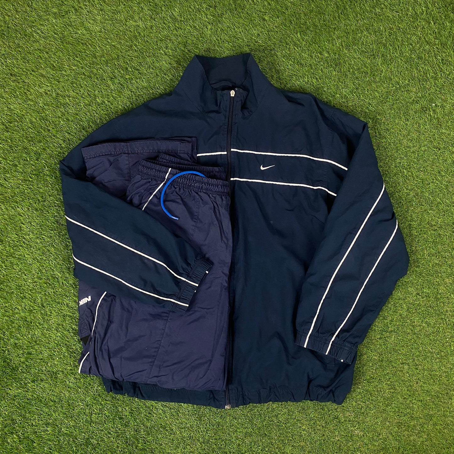 00s Nike Piping Windbreaker Tracksuit Set Jacket + Joggers Blue XL
