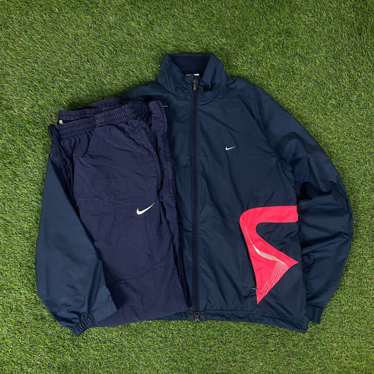 00s Nike Clima-Fit Piping Windbreaker Jacket + Joggers Set Blue Medium