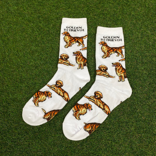 Retro Golden Retriever Dog Socks White UK12-8