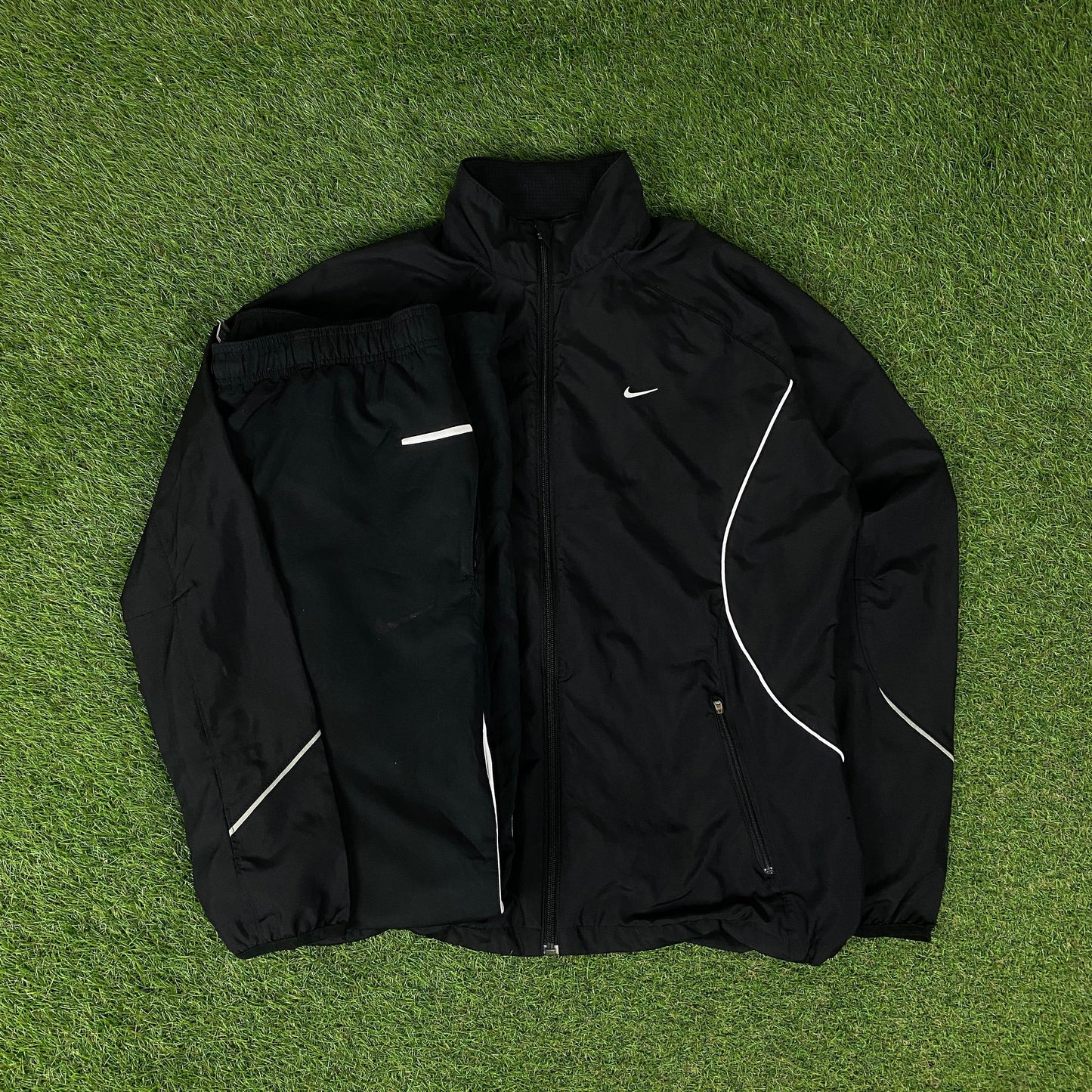 00s Nike Piping Windbreaker Tracksuit Set Jacket + Joggers Black XL