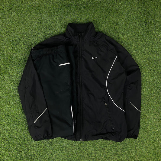00s Nike Piping Windbreaker Tracksuit Set Jacket + Joggers Black XL