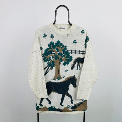 Retro Horse Knit Sweatshirt Brown Large