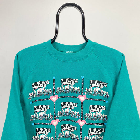 Retro Cow Sweatshirt Green Large